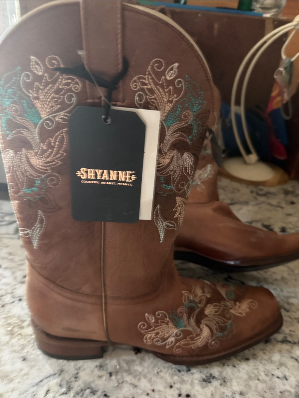 Shyanne Brown Embroidered Western Heeled Boots with Teal Accents
